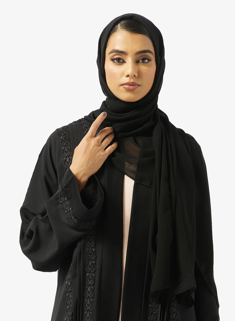 hayas closet  Black Lace Detail Open Abaya With Sheila for Women | Best Price UAE